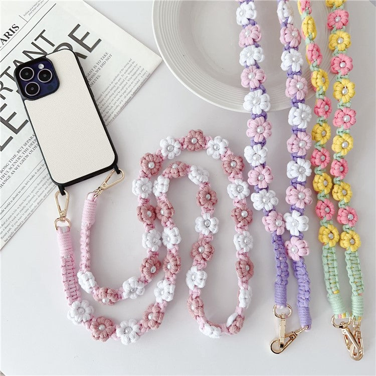 Phone Lanyard Cotton Rope Braided Daisy Flower Crossbody Strap, Length: 120cm - Yellow+White