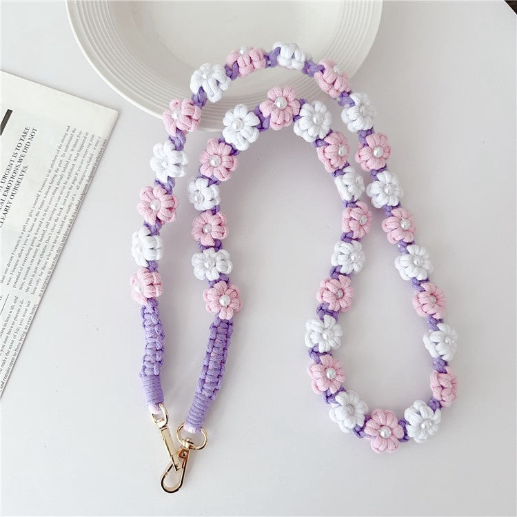 Phone Lanyard Cotton Rope Braided Daisy Flower Crossbody Strap, Length: 120cm - Light Purple+White