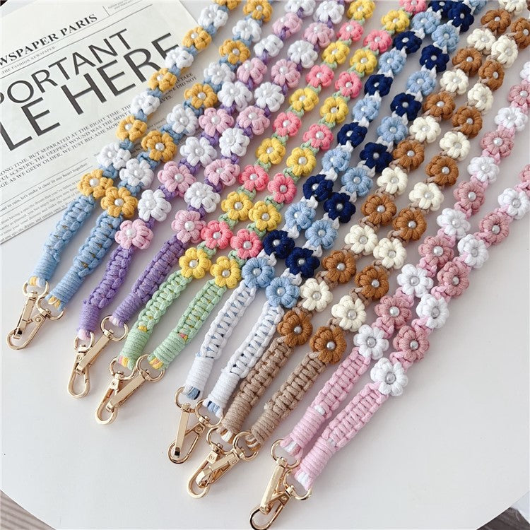 Phone Lanyard Cotton Rope Braided Daisy Flower Crossbody Strap, Length: 120cm - Light Purple+White