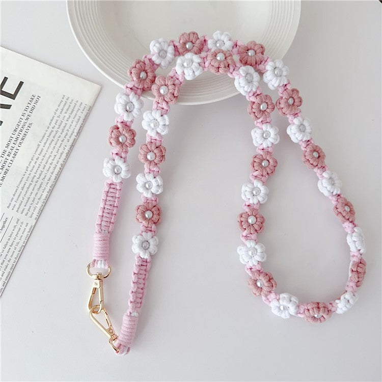 Phone Lanyard Cotton Rope Braided Daisy Flower Crossbody Strap, Length: 120cm - Pink+White