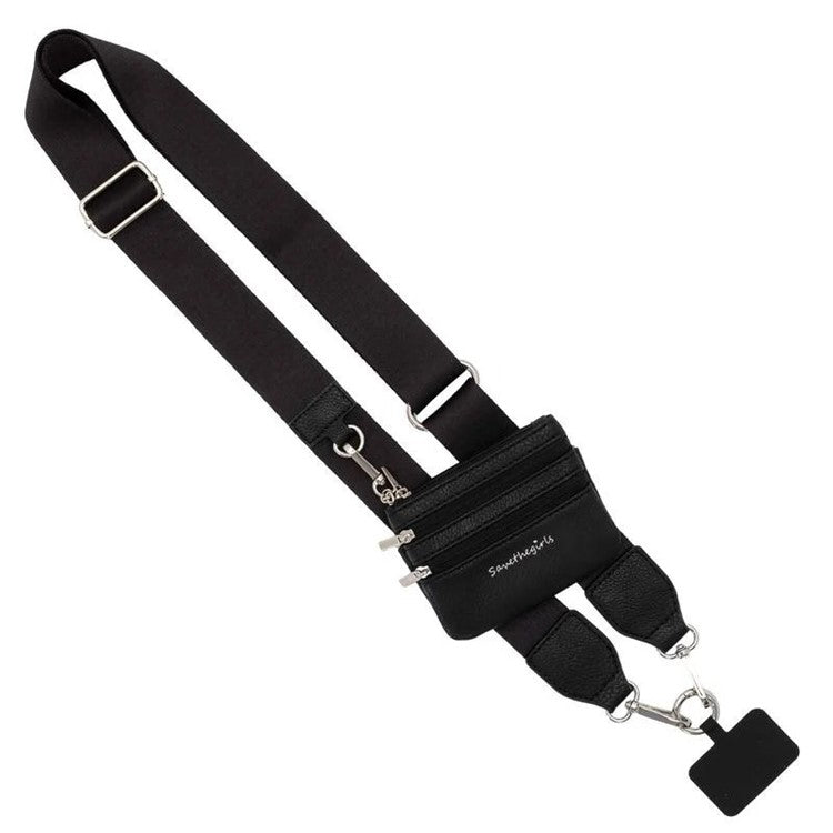 Phone Lanyard with Small Pouch and Tether Tab Nylon Adjustable Crossbody Shoulder Strap, Length: 148cm - Black