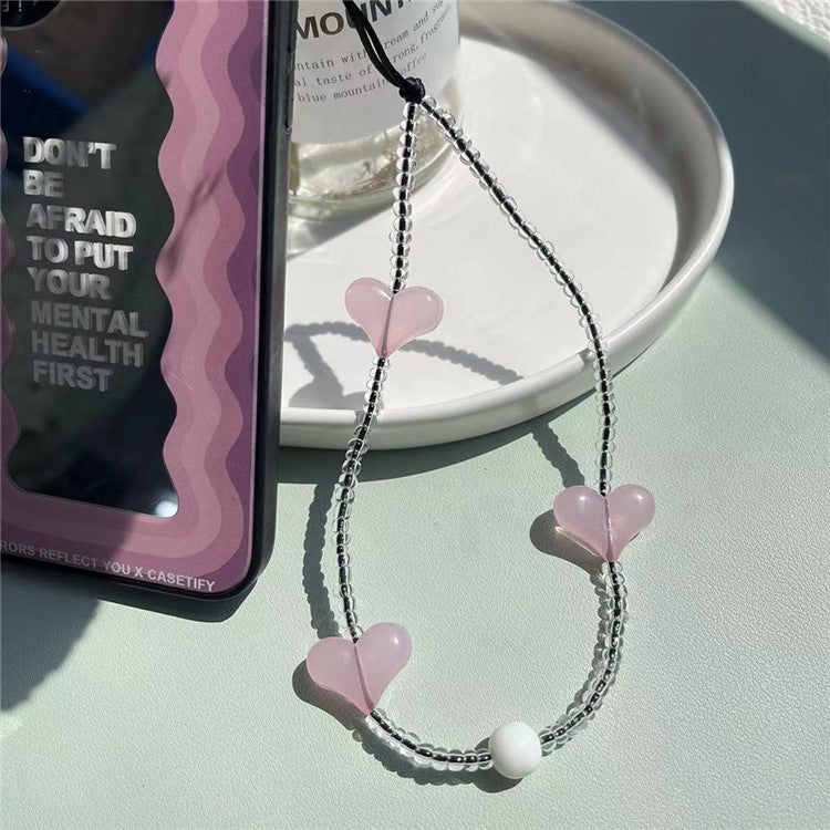 Beaded Phone Lanyard Glass Bead Heart Decor Phone Chain Anti-Lost, Length: 16cm+5cm - SZ-A210007I