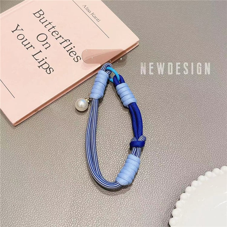 Phone Wrist Lanyard 30cm Nylon Wrist Strap Pearl Phone Charm with Tether Tab - Dark Blue+Baby Blue