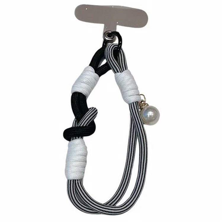 Phone Wrist Lanyard 30cm Nylon Wrist Strap Pearl Phone Charm with Tether Tab - Black+White