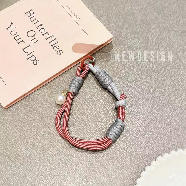 Phone Wrist Lanyard 30cm Nylon Wrist Strap Pearl Phone Charm with Tether Tab - Red+Grey