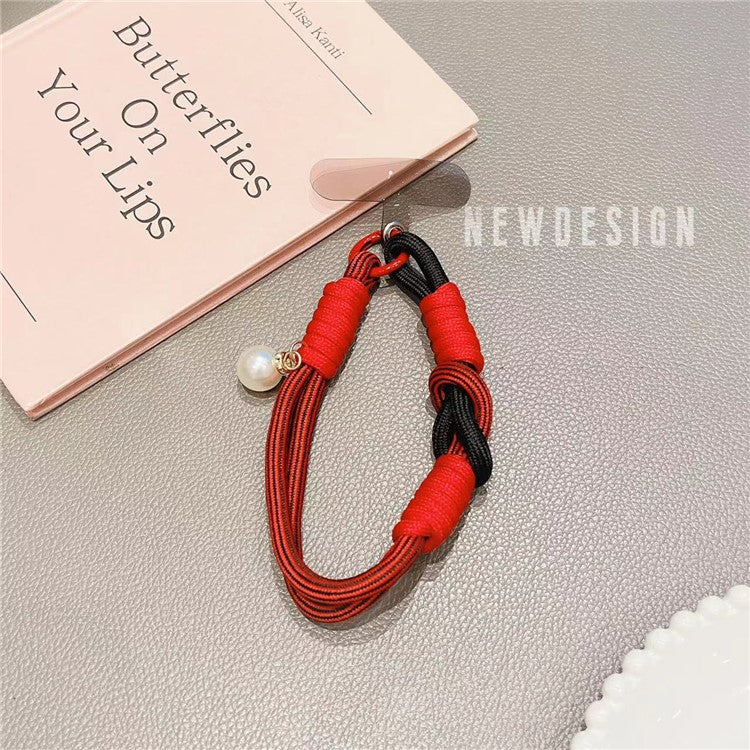 Phone Wrist Lanyard 30cm Nylon Wrist Strap Pearl Phone Charm with Tether Tab - Red+Black