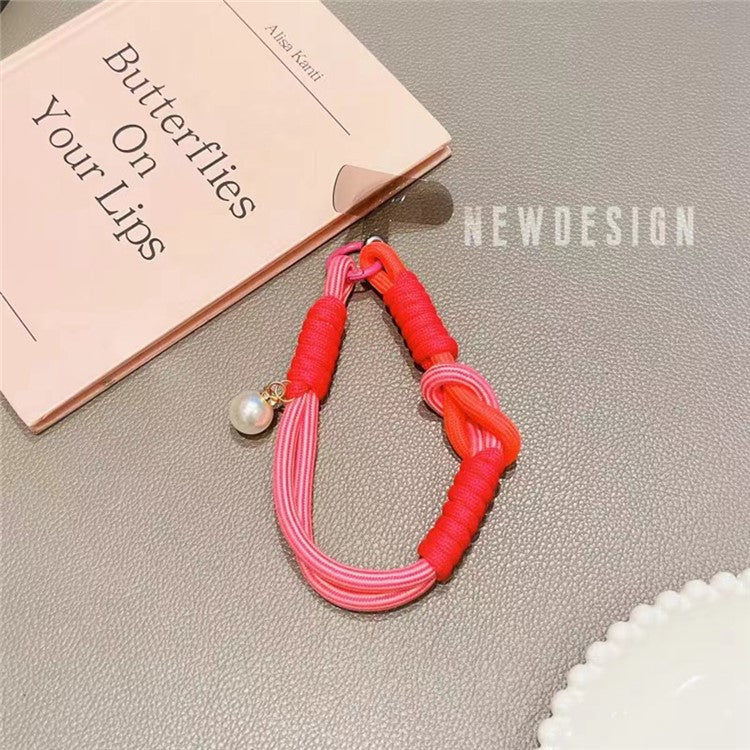 Phone Wrist Lanyard 30cm Nylon Wrist Strap Pearl Phone Charm with Tether Tab - Pink+Rose