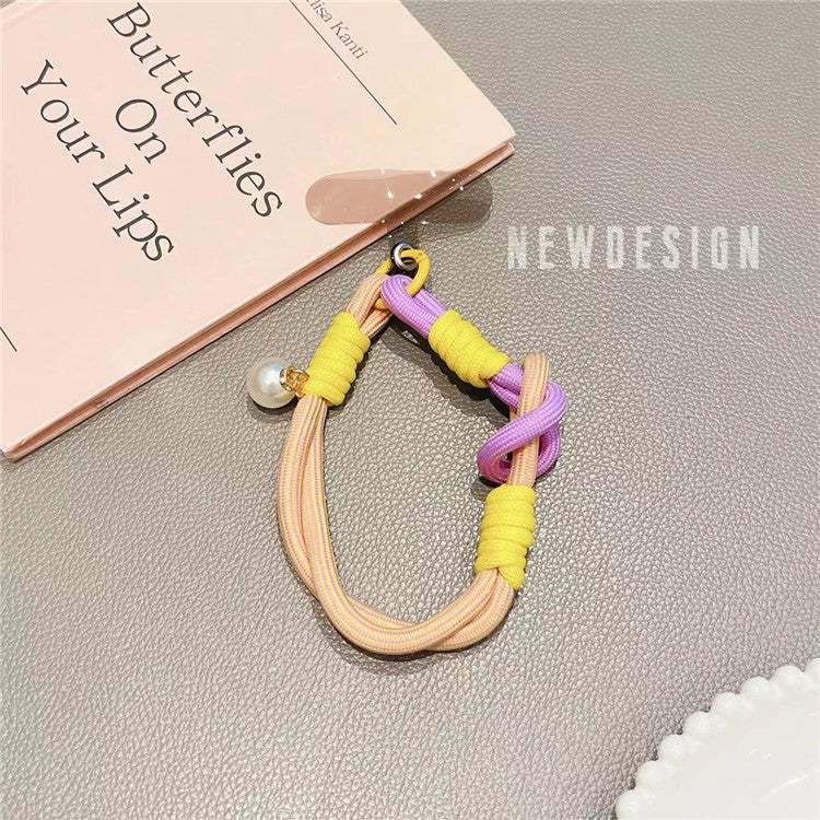 Phone Wrist Lanyard 30cm Nylon Wrist Strap Pearl Phone Charm with Tether Tab - Yellow+Purple