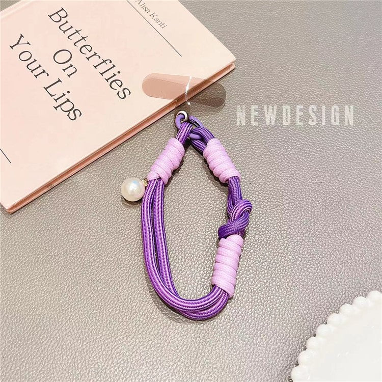 Phone Wrist Lanyard 30cm Nylon Wrist Strap Pearl Phone Charm with Tether Tab - Dark Purple+Light Purple