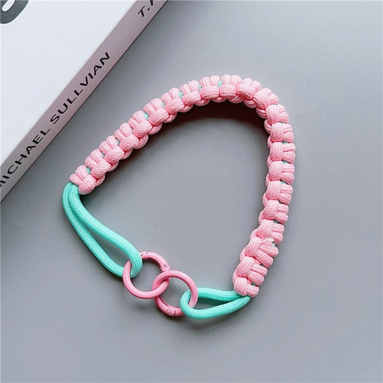 Phone Hand Wrist Strap Dual Ring 30cm Nylon Short Lanyard with Tether Tab - Pink+Green