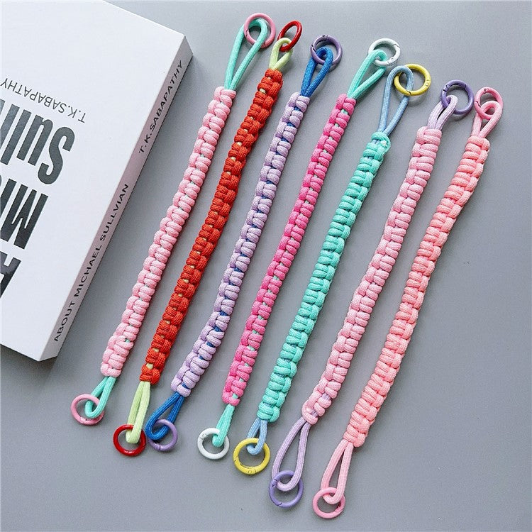 Phone Hand Wrist Strap Dual Ring 30cm Nylon Short Lanyard with Tether Tab - Pink+Green