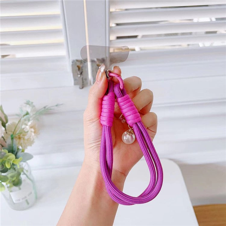 Phone Short Lanyard 30cm Wrist Strap Nylon Pearl Hand Strap with Tether Tab - Rose+Purple