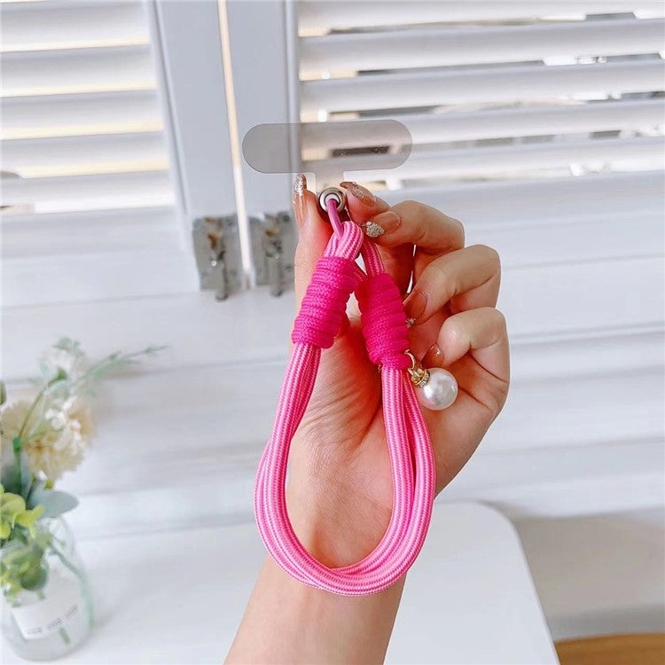 Phone Short Lanyard 30cm Wrist Strap Nylon Pearl Hand Strap with Tether Tab - Fluorescent Pink