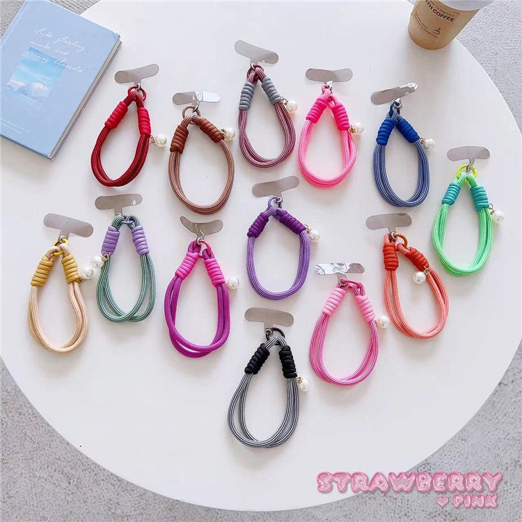 Phone Short Lanyard 30cm Wrist Strap Nylon Pearl Hand Strap with Tether Tab - Fluorescent Pink