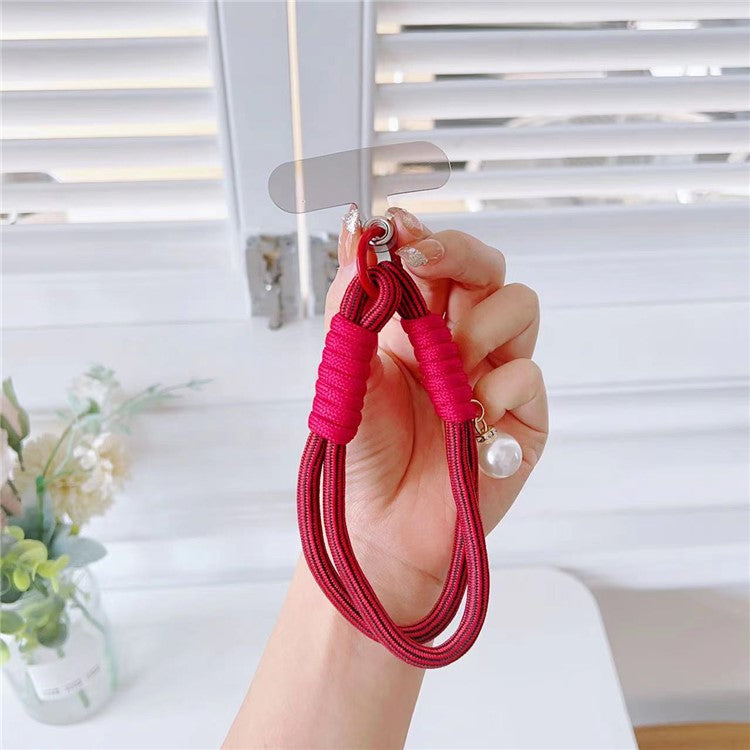 Phone Short Lanyard 30cm Wrist Strap Nylon Pearl Hand Strap with Tether Tab - Red