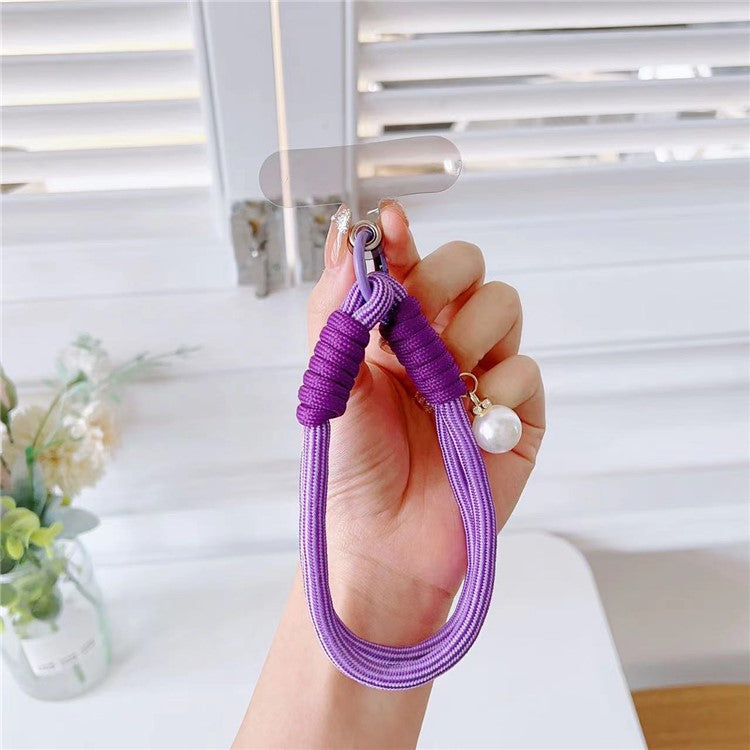 Phone Short Lanyard 30cm Wrist Strap Nylon Pearl Hand Strap with Tether Tab - Purple