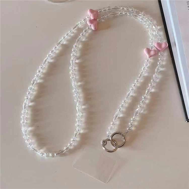 Phone Chain Crossbody Strap 120cm Heart Transparent Beaded Shoulder Lanyard with Tether Tab - Pink