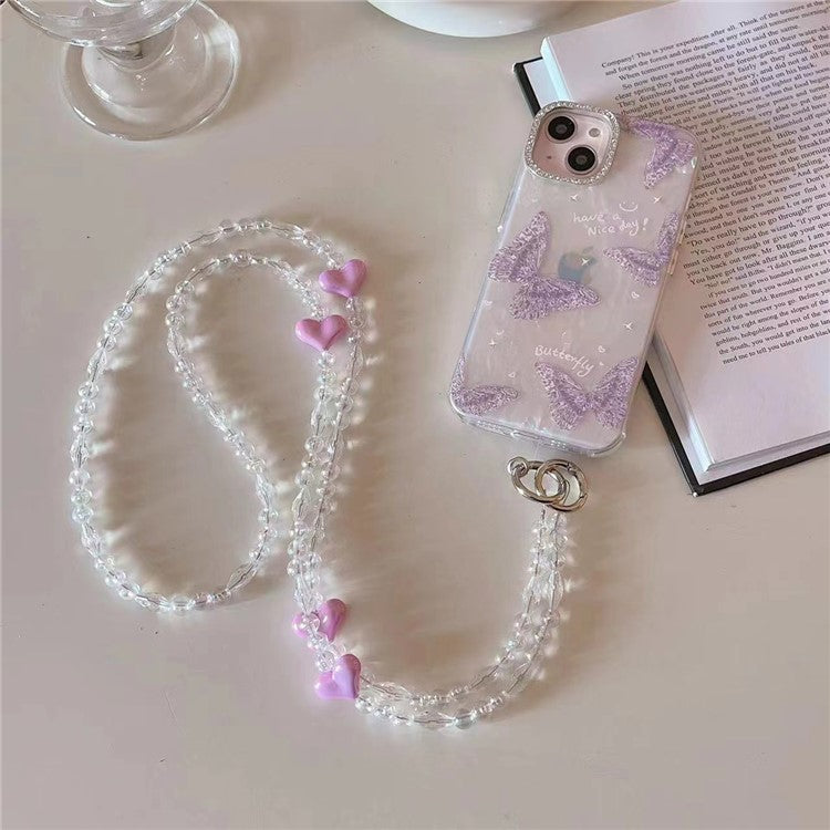 Phone Chain Crossbody Strap 120cm Heart Transparent Beaded Shoulder Lanyard with Tether Tab - Purple