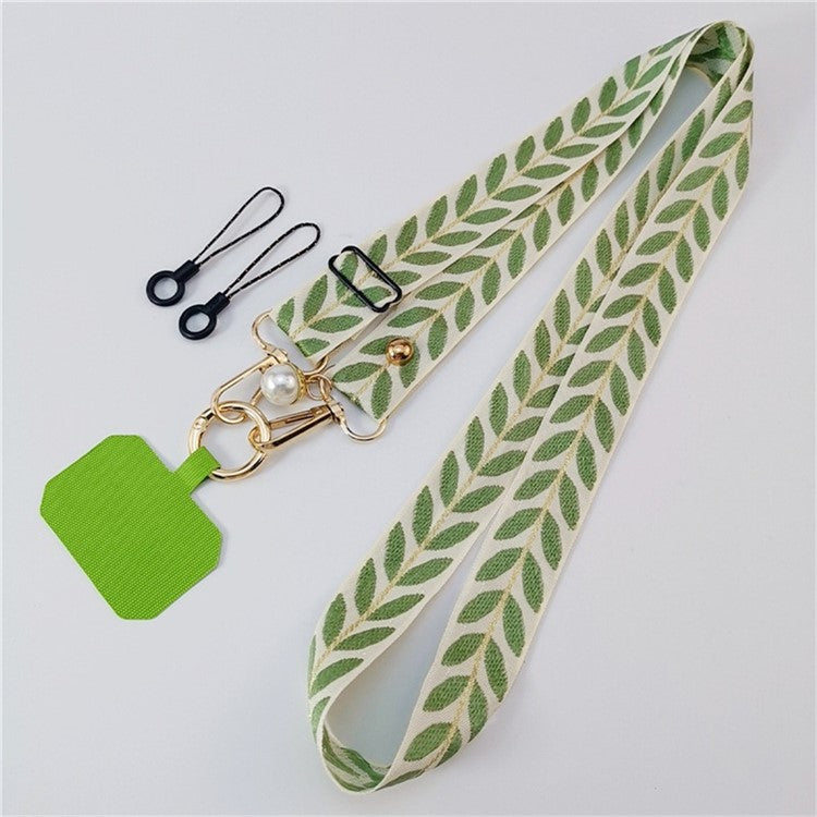 Crossbody Phone Lanyard Adjustable Leaf Pattern Fabric Phone Strap with Tether Tab + Hanging Ropes, Folded Length: 64cm - Green