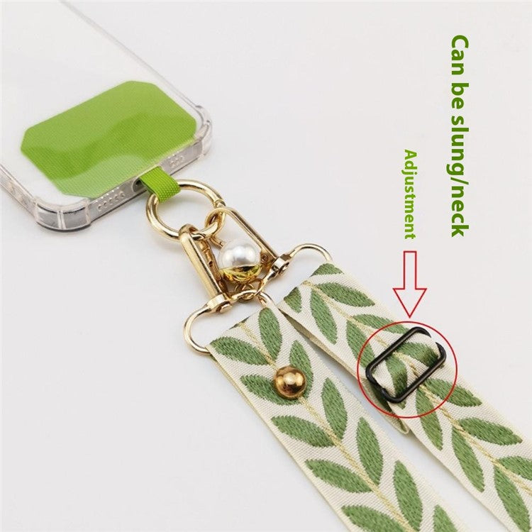 Crossbody Phone Lanyard Adjustable Leaf Pattern Fabric Phone Strap with Tether Tab + Hanging Ropes, Folded Length: 64cm - Green