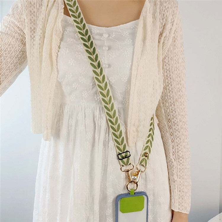 Crossbody Phone Lanyard Adjustable Leaf Pattern Fabric Phone Strap with Tether Tab + Hanging Ropes, Folded Length: 64cm - Green