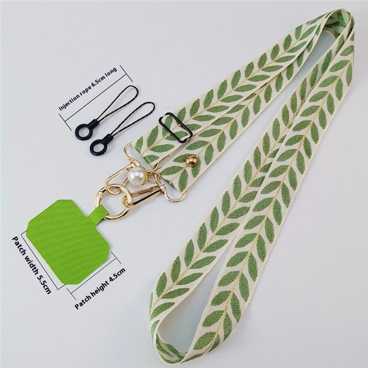 Crossbody Phone Lanyard Adjustable Leaf Pattern Fabric Phone Strap with Tether Tab + Hanging Ropes, Folded Length: 64cm - Green