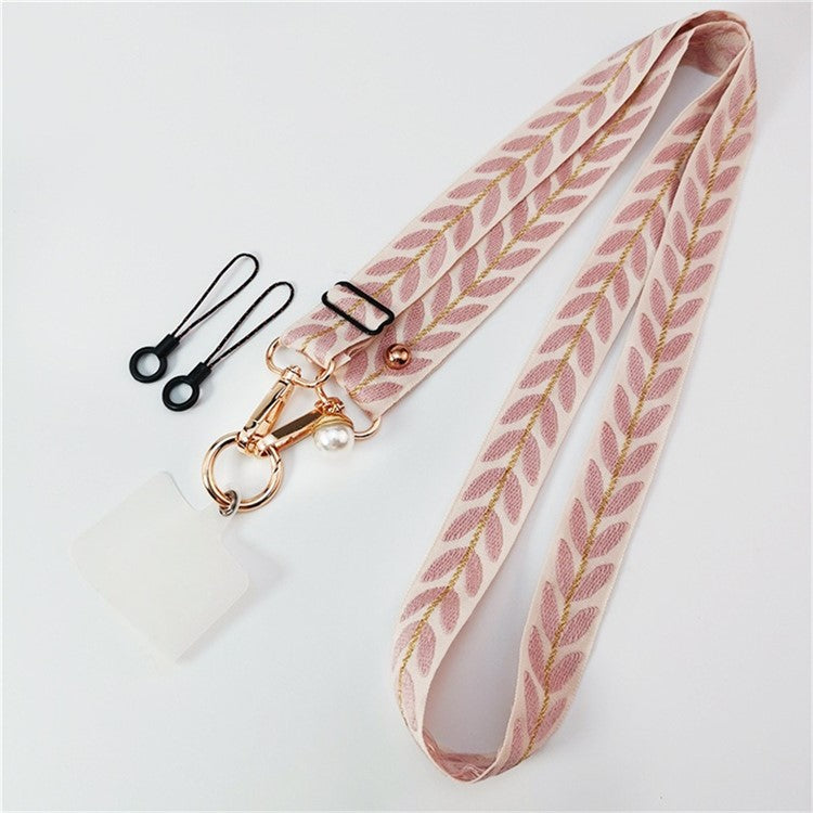 Crossbody Phone Lanyard Adjustable Leaf Pattern Fabric Phone Strap with Tether Tab + Hanging Ropes, Folded Length: 64cm - Pink