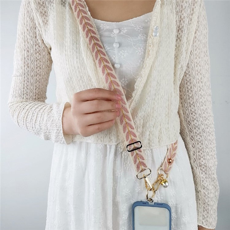 Crossbody Phone Lanyard Adjustable Leaf Pattern Fabric Phone Strap with Tether Tab + Hanging Ropes, Folded Length: 64cm - Pink