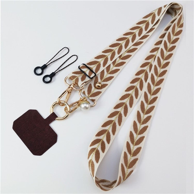 Crossbody Phone Lanyard Adjustable Leaf Pattern Fabric Phone Strap with Tether Tab + Hanging Ropes, Folded Length: 64cm - Brown