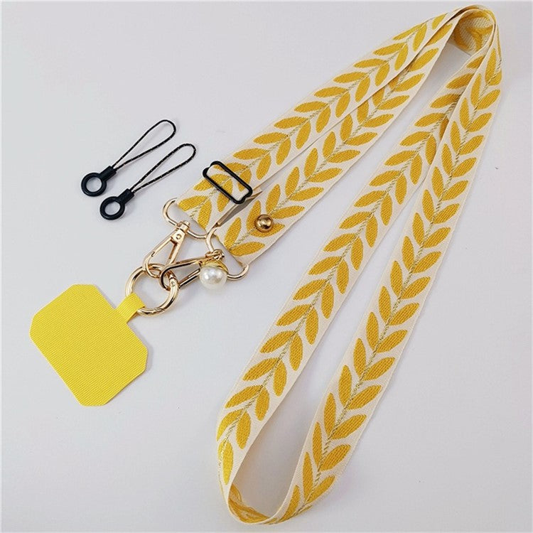 Crossbody Phone Lanyard Adjustable Leaf Pattern Fabric Phone Strap with Tether Tab + Hanging Ropes, Folded Length: 64cm - Yellow