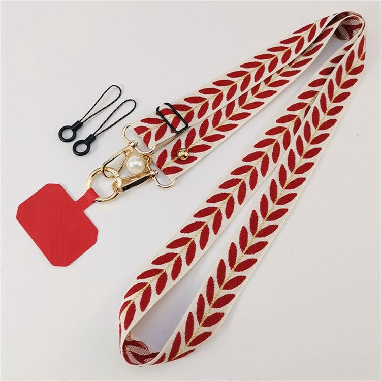 Crossbody Phone Lanyard Adjustable Leaf Pattern Fabric Phone Strap with Tether Tab + Hanging Ropes, Folded Length: 64cm - Red