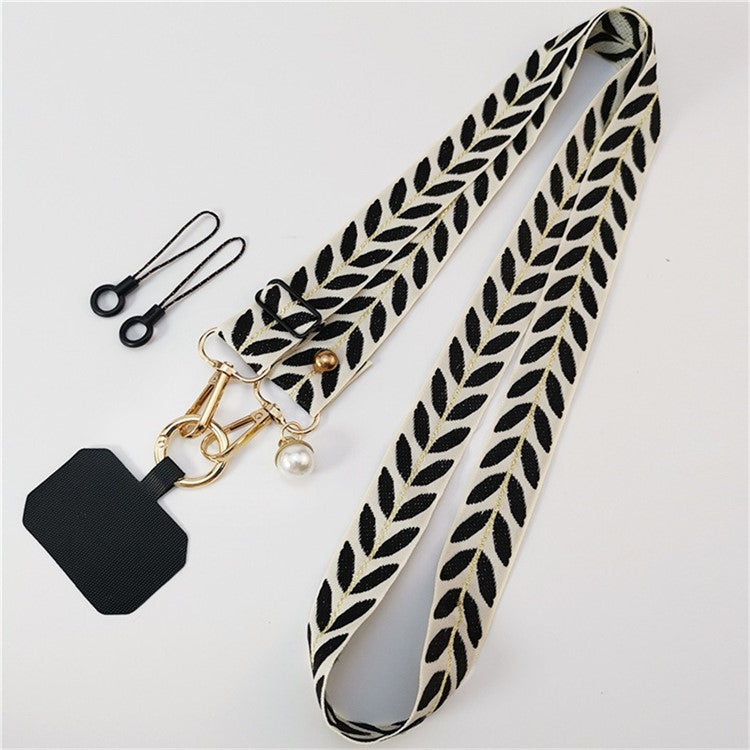 Crossbody Phone Lanyard Adjustable Leaf Pattern Fabric Phone Strap with Tether Tab + Hanging Ropes, Folded Length: 64cm - Black