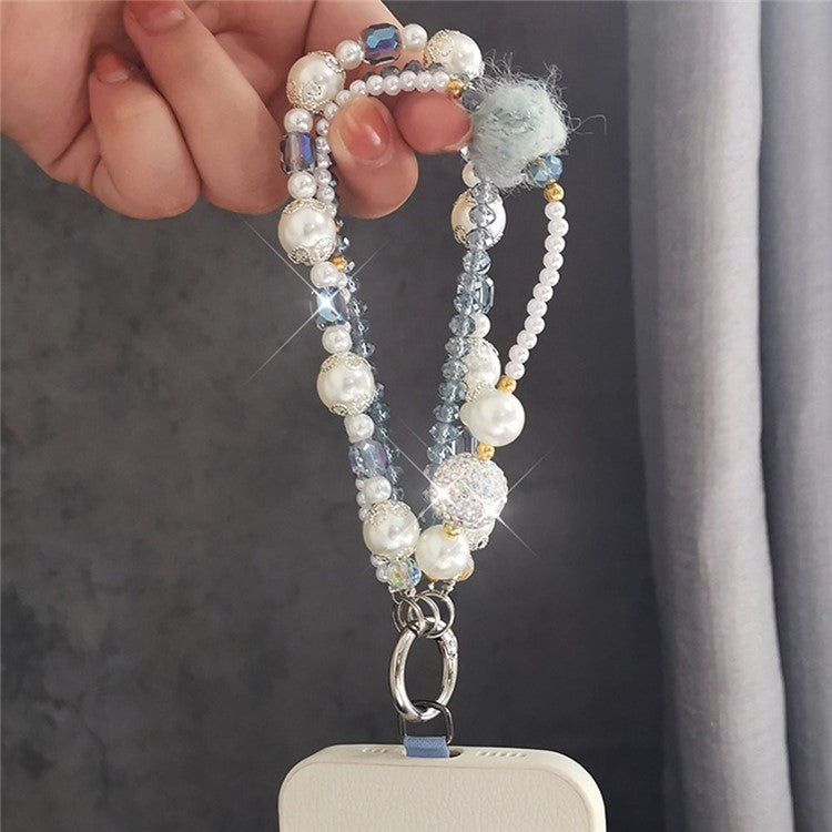 Phone Charms Wrist Strap 3-in-1 Beaded Phone Lanyard Jewelry with Tether Tab, Folded Length: 14cm - Baby Blue