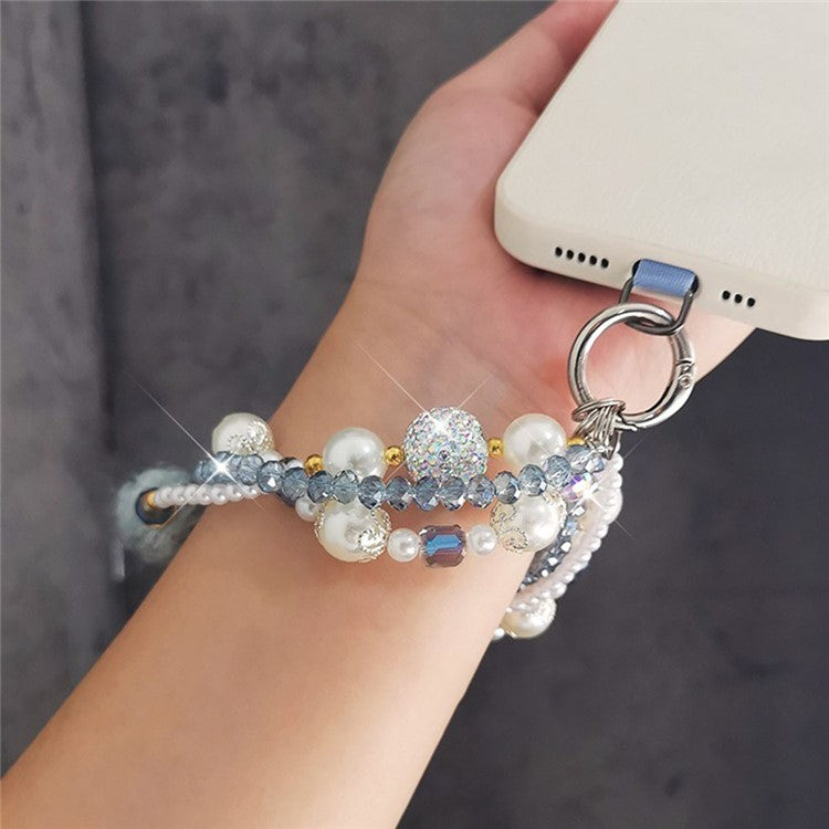 Phone Charms Wrist Strap 3-in-1 Beaded Phone Lanyard Jewelry with Tether Tab, Folded Length: 14cm - Baby Blue