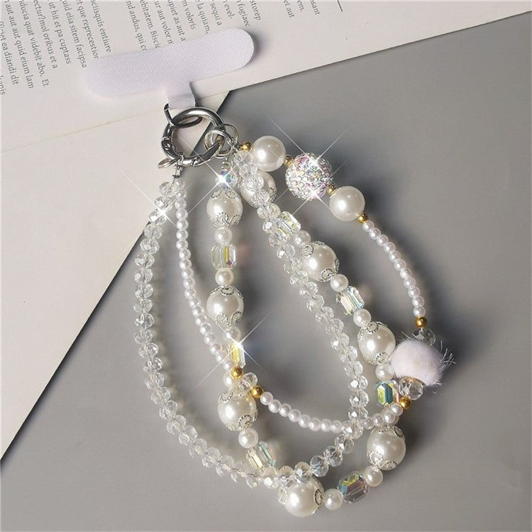 Phone Charms Wrist Strap 3-in-1 Beaded Phone Lanyard Jewelry with Tether Tab, Folded Length: 14cm - White