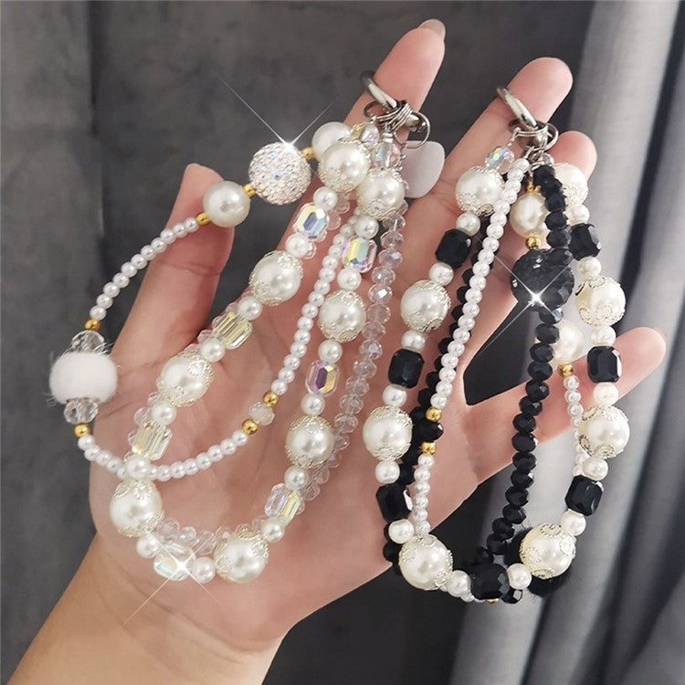 Phone Charms Wrist Strap 3-in-1 Beaded Phone Lanyard Jewelry with Tether Tab, Folded Length: 14cm - White