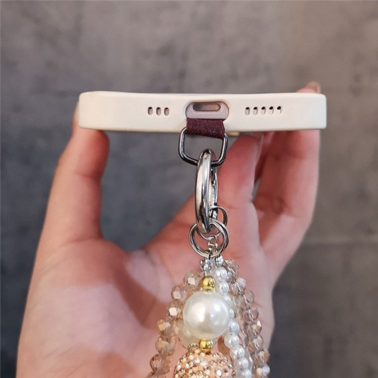 Phone Charms Wrist Strap 3-in-1 Beaded Phone Lanyard Jewelry with Tether Tab, Folded Length: 14cm - White