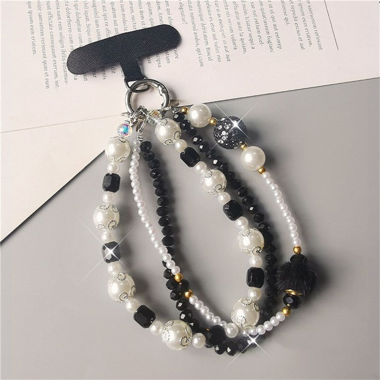 Phone Charms Wrist Strap 3-in-1 Beaded Phone Lanyard Jewelry with Tether Tab, Folded Length: 14cm - Black