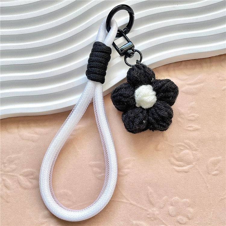 Phone Charms 15cm Hand Woven Flower Keychain Wristlet Strap Polyester Anti-Loss String - Black