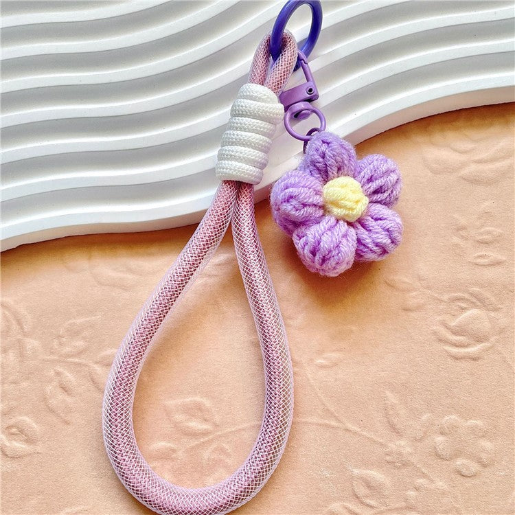 Phone Charms 15cm Hand Woven Flower Keychain Wristlet Strap Polyester Anti-Loss String - Purple