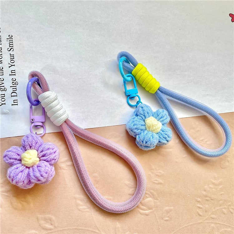 Phone Charms 15cm Hand Woven Flower Keychain Wristlet Strap Polyester Anti-Loss String - Purple