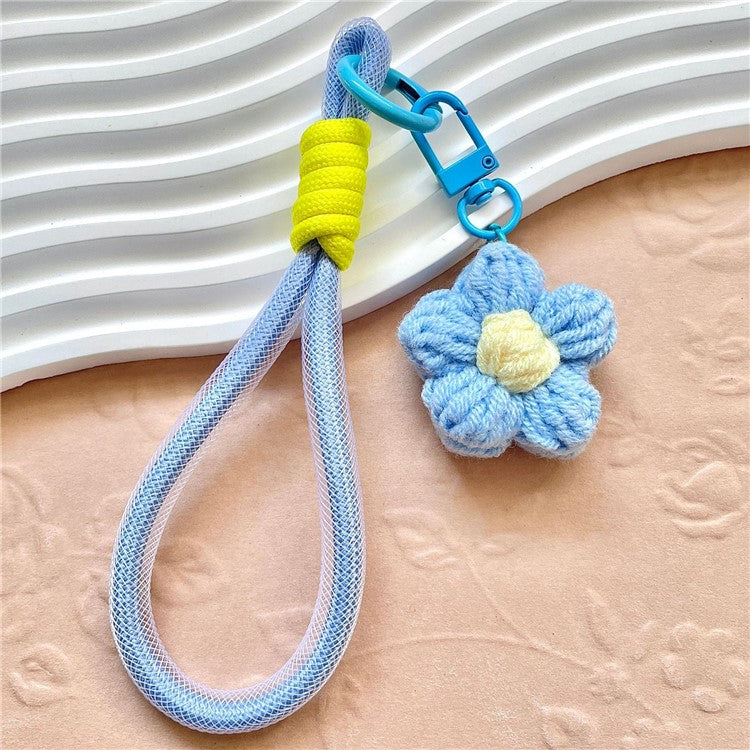 Phone Charms 15cm Hand Woven Flower Keychain Wristlet Strap Polyester Anti-Loss String - Blue