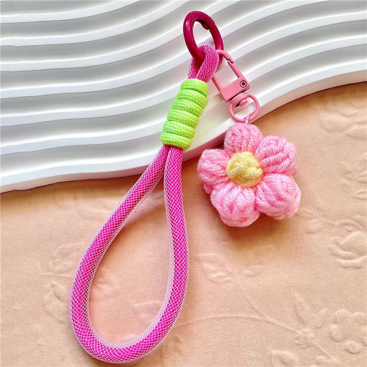 Phone Charms 15cm Hand Woven Flower Keychain Wristlet Strap Polyester Anti-Loss String - Pink