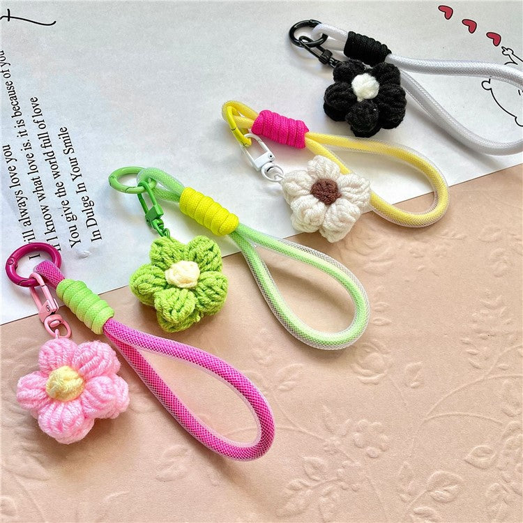 Phone Charms 15cm Hand Woven Flower Keychain Wristlet Strap Polyester Anti-Loss String - Pink