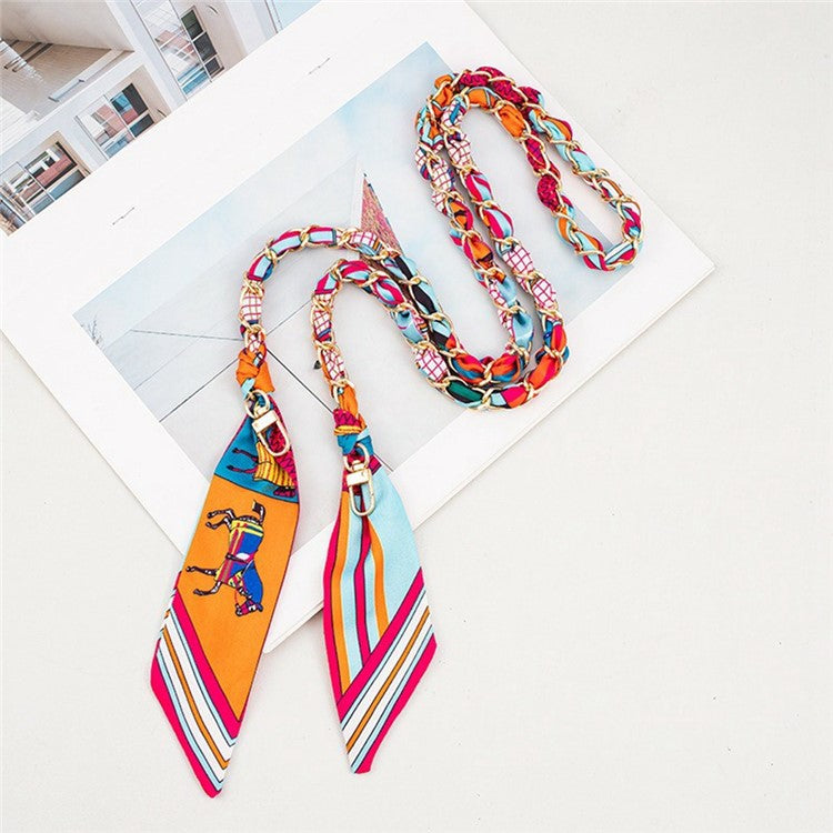 115cm Metal Chain Crossbody Strap Phone Lanyard Silk Scarf Shoulder Strap with Tether Tab Orange Red