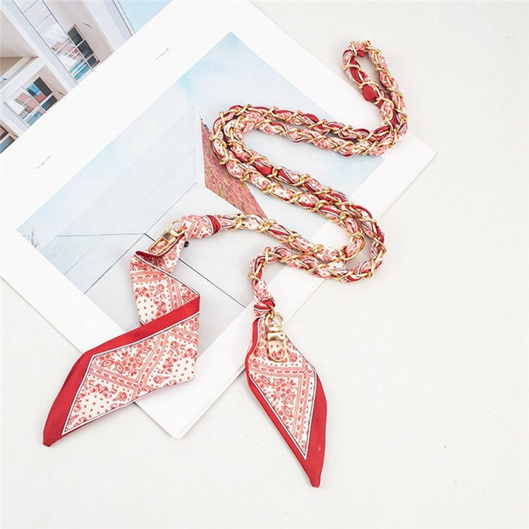 115cm Metal Chain Crossbody Strap Phone Lanyard Silk Scarf Shoulder Strap with Tether Tab Red Flower