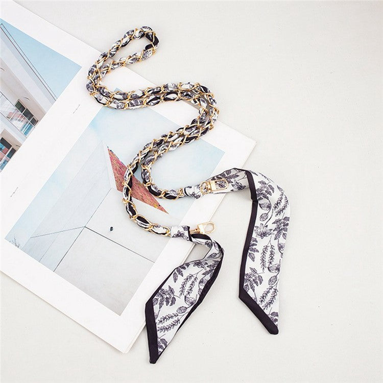 115cm Metal Chain Crossbody Strap Phone Lanyard Silk Scarf Shoulder Strap with Tether Tab Black Flower