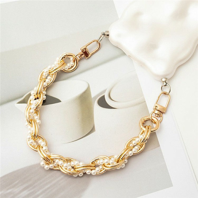 31cm Braided Pearls Phone Charm Strap Dual Buckles Metal Short Strap - Gold