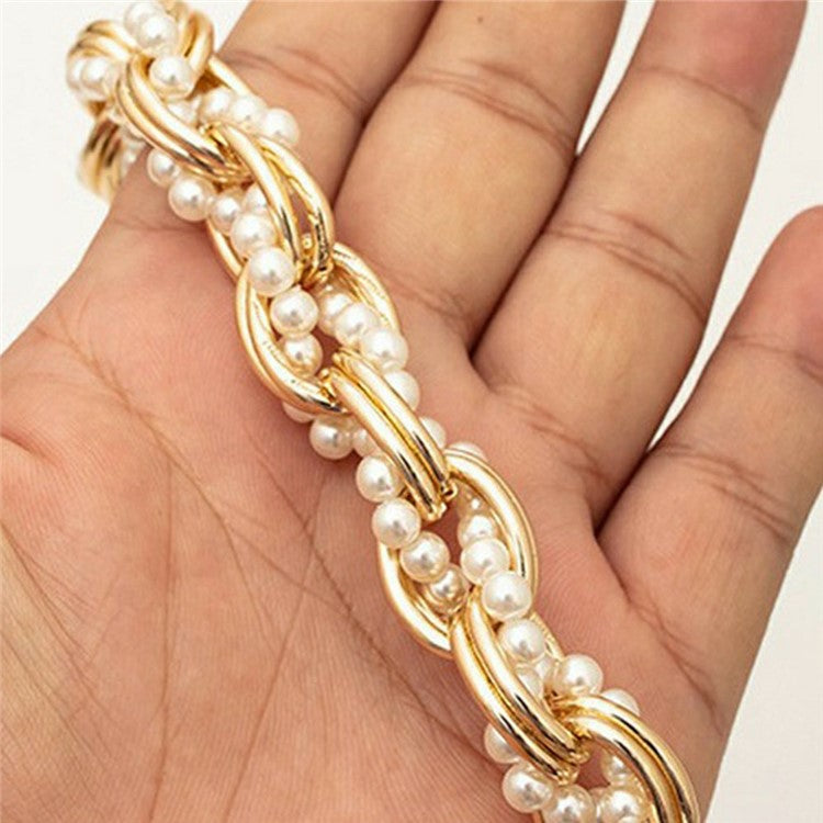 31cm Braided Pearls Phone Charm Strap Dual Buckles Metal Short Strap - Gold