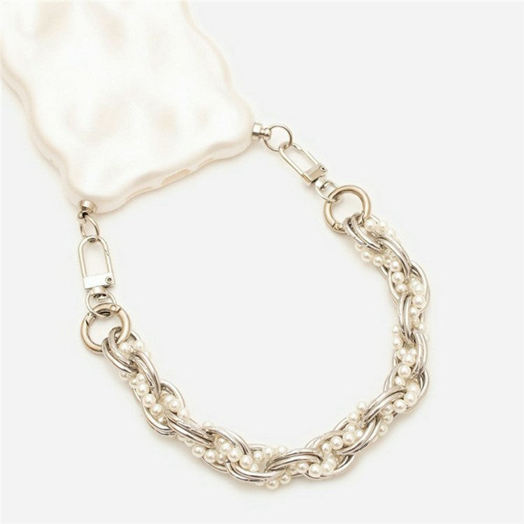 31cm Braided Pearls Phone Charm Strap Dual Buckles Metal Short Strap - Silver